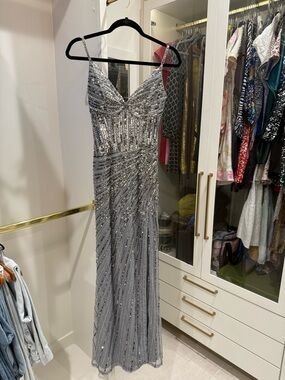 Silver Sequin Spaghetti-Strap Evening Gown by